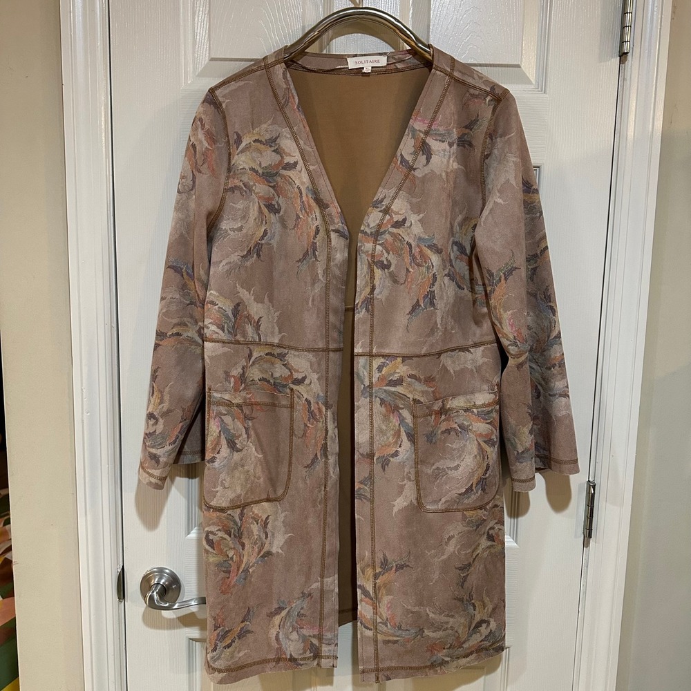 Solitaire Faux Suede Open Front Cardigan Jacket Floral Feather Print XL 17-3154J